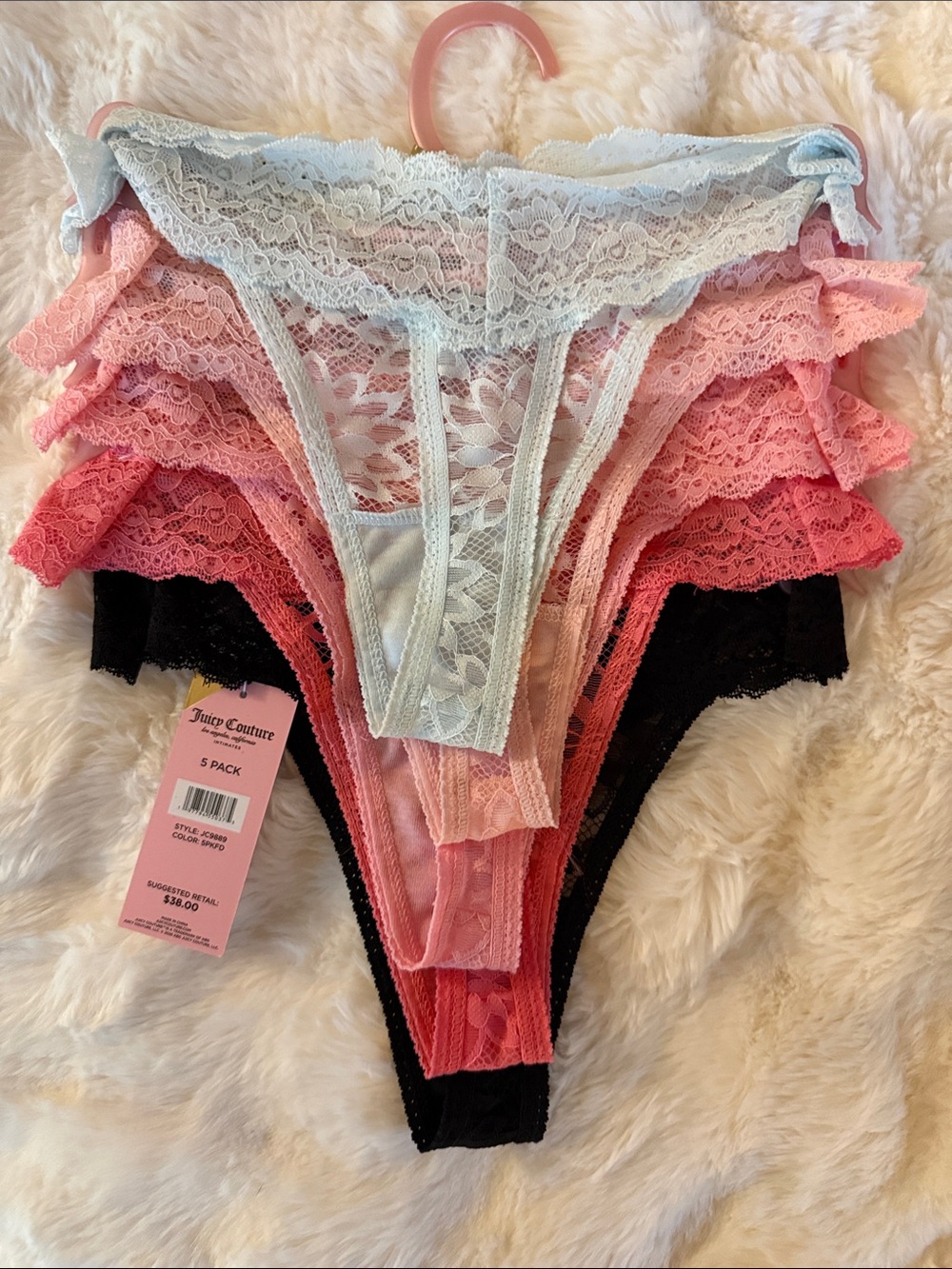 5 pack Juicy Couture Lace Thong Pack in Black and Pink Shades - Picture 3 of 7